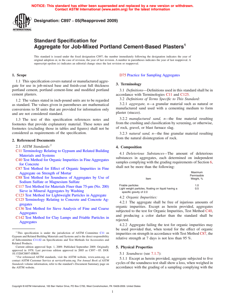 ASTM C897-05(2009) - Standard Specification for Aggregate for Job-Mixed Portland Cement-Based Plasters