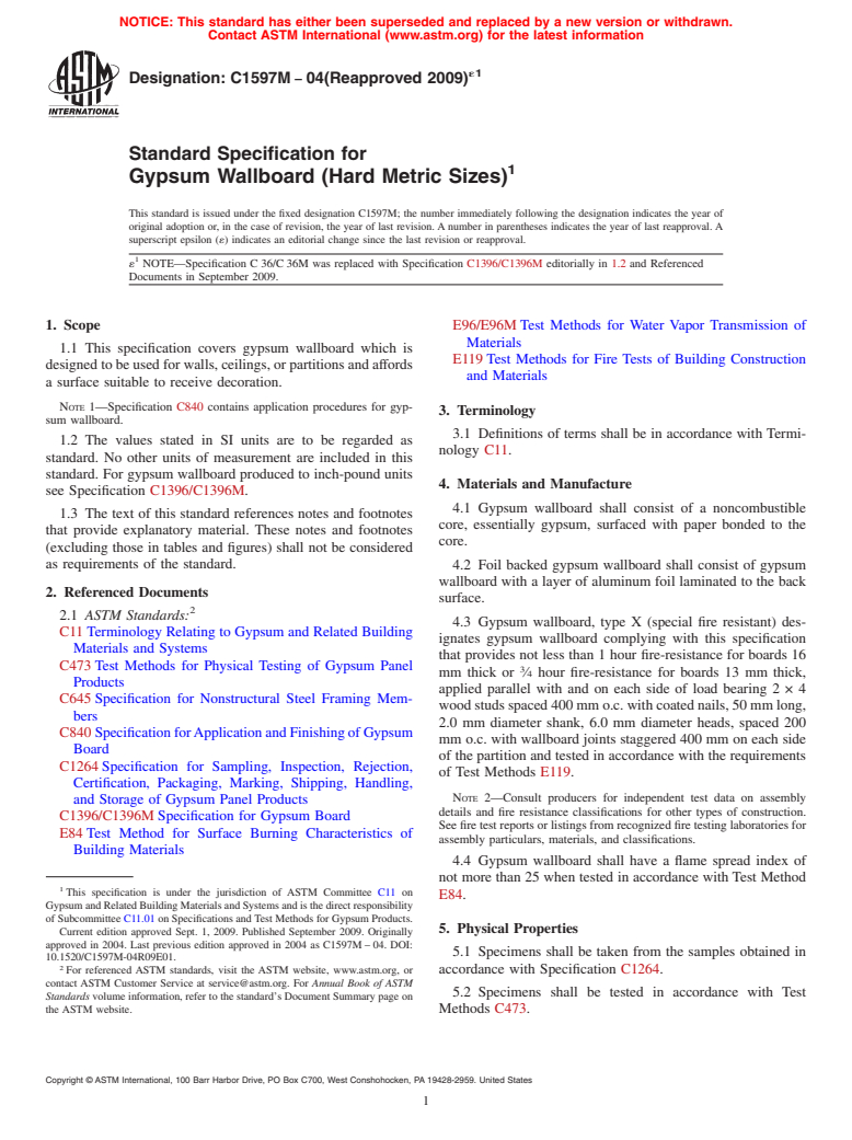 ASTM C1597M-04(2009)e1 - Standard Specification for Gypsum Wallboard (Hard Metric Sizes) (Withdrawn 2013)