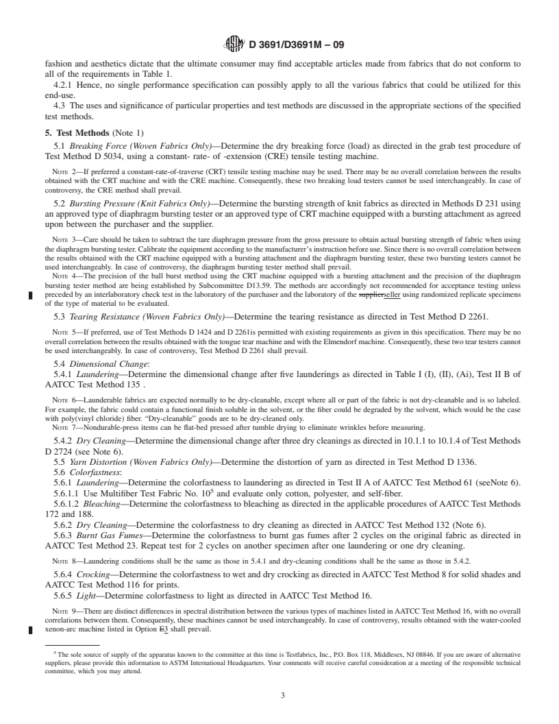 REDLINE ASTM D3691/D3691M-09 - Standard Performance Specification for Woven, Lace, and Knit Household Curtain and Drapery Fabrics (Withdrawn 2018)