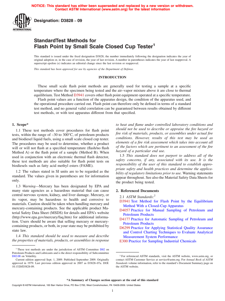 ASTM D3828-09 - Standard Test Methods for Flash Point by Small Scale Closed Cup Tester
