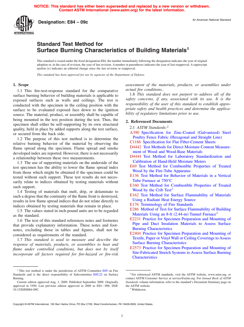 ASTM E84-09c - Standard Test Method for  Surface Burning Characteristics of Building Materials