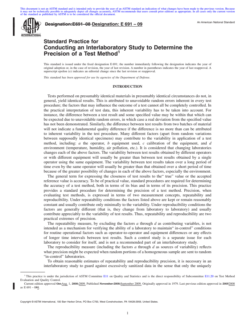 REDLINE ASTM E691-09 - Standard Practice for Conducting an Interlaboratory Study to Determine the Precision of a Test Method