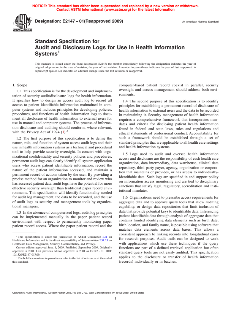 ASTM E2147-01(2009) - Standard Specification for Audit and Disclosure Logs for Use in Health Information Systems