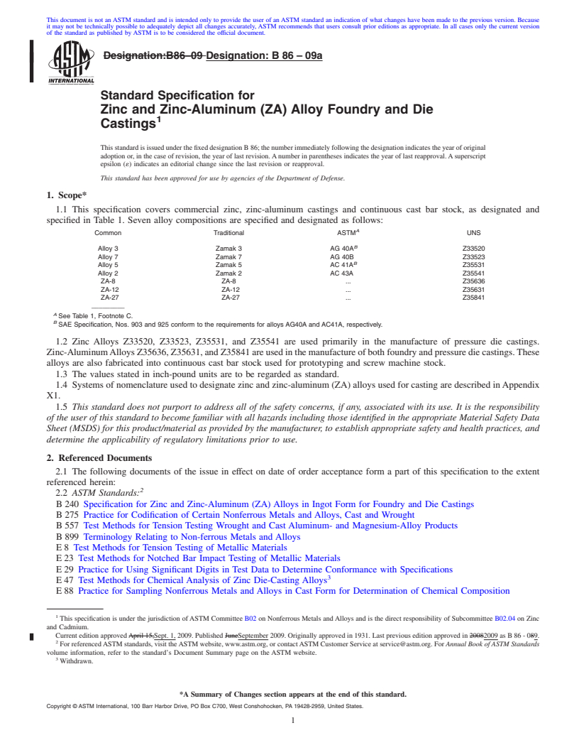 REDLINE ASTM B86-09a - Standard Specification for Zinc and Zinc-Aluminum (ZA) Alloy Foundry and Die Castings