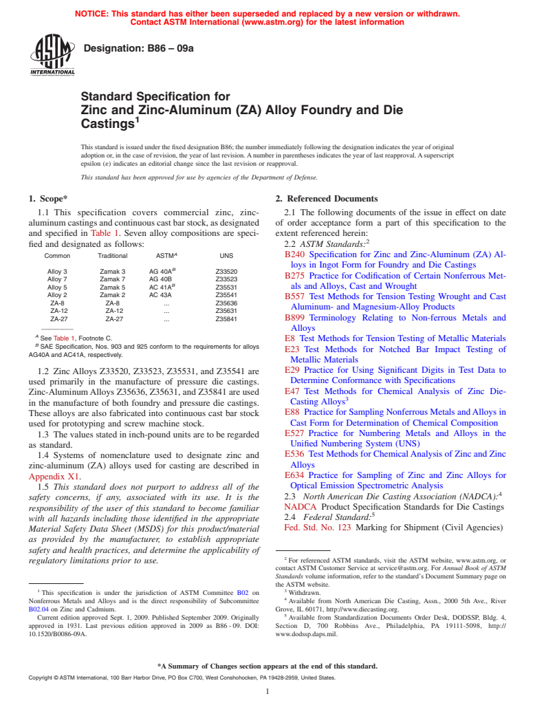 ASTM B86-09a - Standard Specification for Zinc and Zinc-Aluminum (ZA) Alloy Foundry and Die Castings