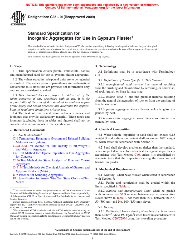 ASTM C35-01(2009) - Standard Specification for Inorganic Aggregates for Use in Gypsum Plaster