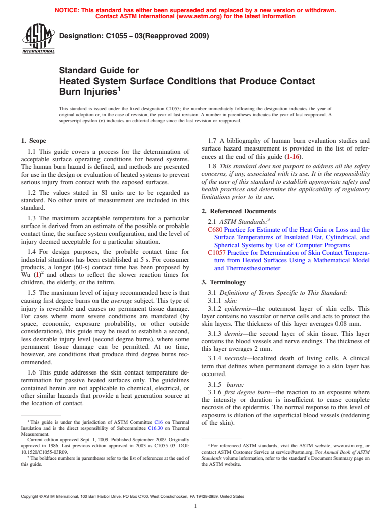 ASTM C1055-03(2009) - Standard Guide for Heated System Surface Conditions That Produce Contact Burn Injuries