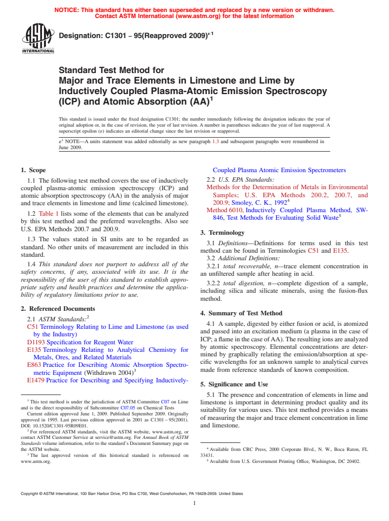 ASTM C1301-95(2009)e1 - Standard Test Method for Major and Trace Elements in Limestone and Lime by Inductively Coupled Plasma-Atomic Emission Spectroscopy (ICP) and Atomic Absorption (AA)