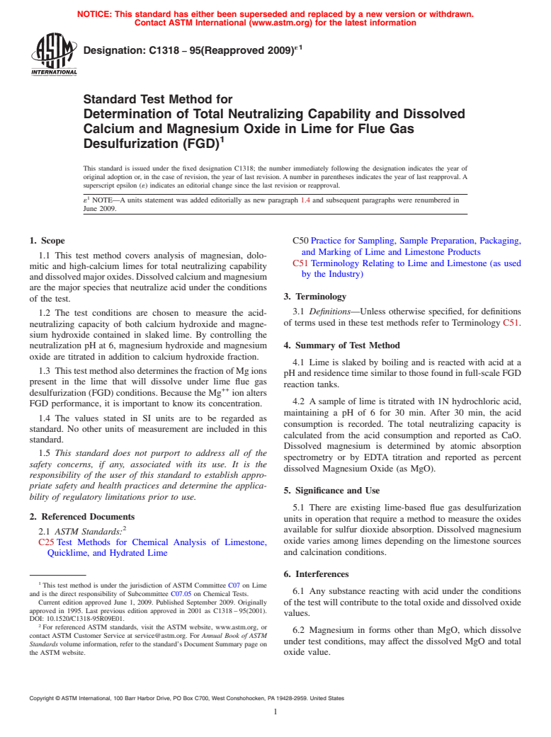 ASTM C1318-95(2009)e1 - Standard Test Method for Determination of Total Neutralizing Capability and Dissolved Calcium and Magnesium Oxide in Lime for Flue Gas Desulfurization (FGD)