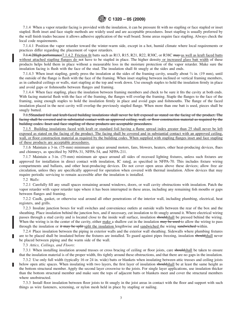 REDLINE ASTM C1320-05(2009) - Standard Practice for Installation of Mineral Fiber Batt and Blanket Thermal Insulation for Light Frame Construction