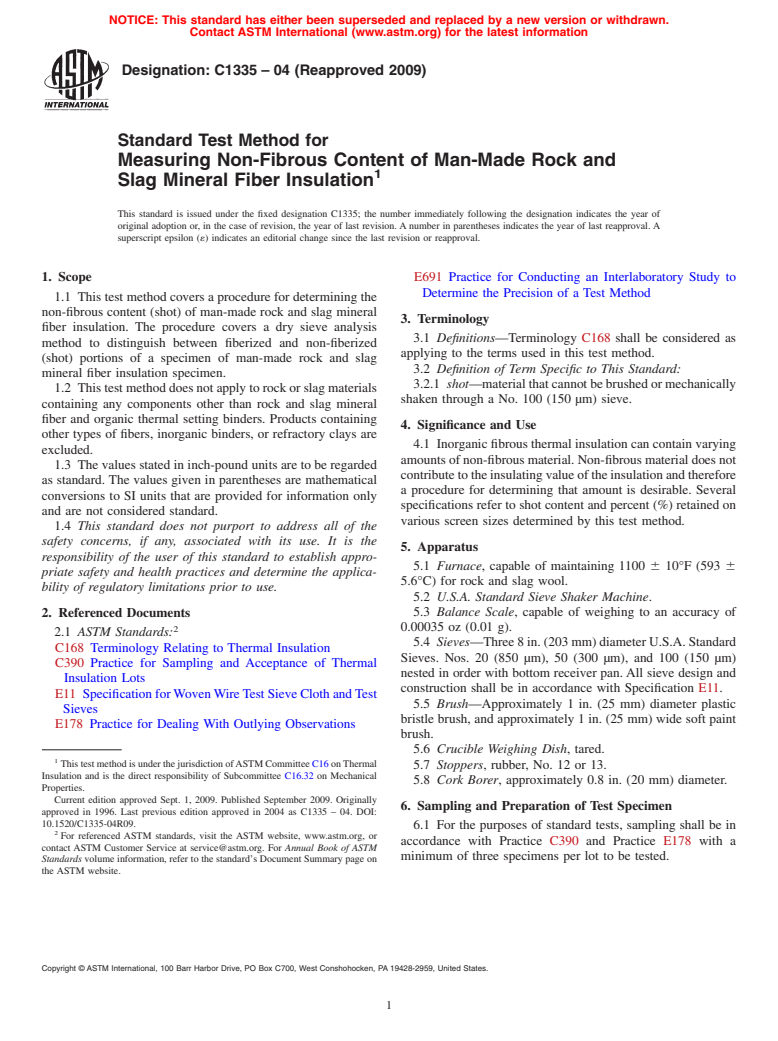 ASTM C1335-04(2009) - Standard Test Method for Measuring Non-Fibrous Content of Man-Made Rock and Slag Mineral Fiber Insulation