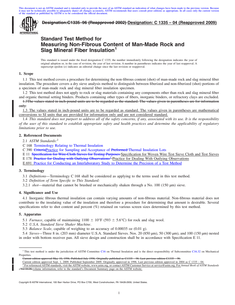 REDLINE ASTM C1335-04(2009) - Standard Test Method for Measuring Non-Fibrous Content of Man-Made Rock and Slag Mineral Fiber Insulation