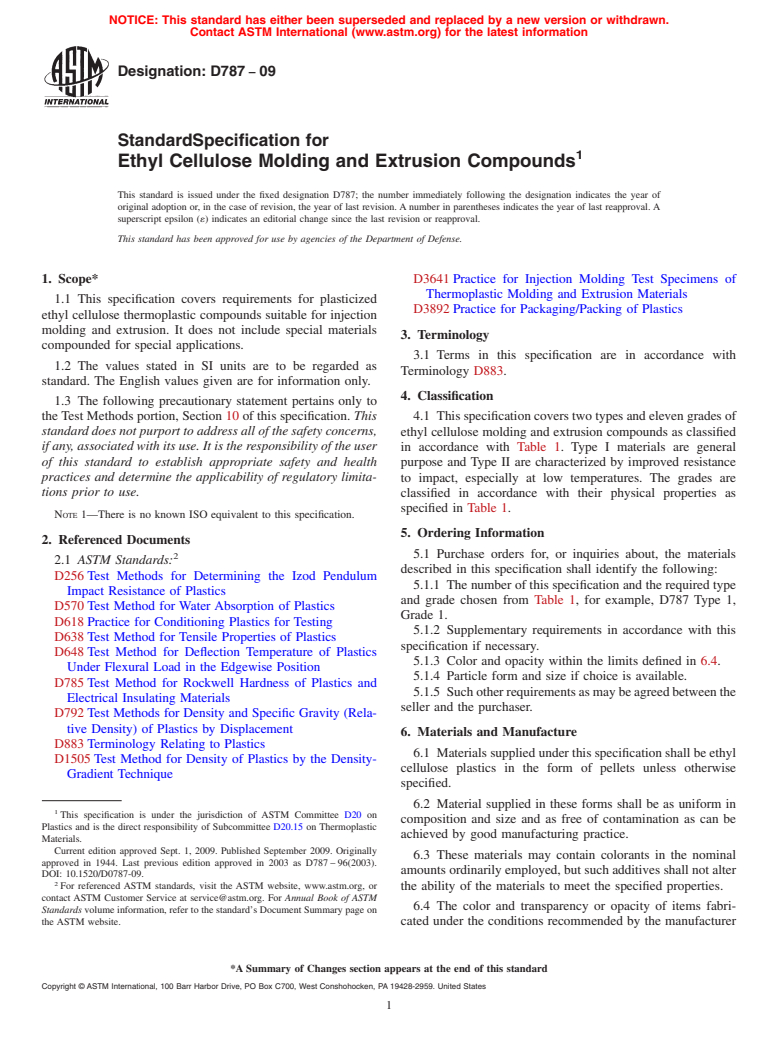 ASTM D787-09 - Standard Specification for Ethyl Cellulose Molding and Extrusion Compounds