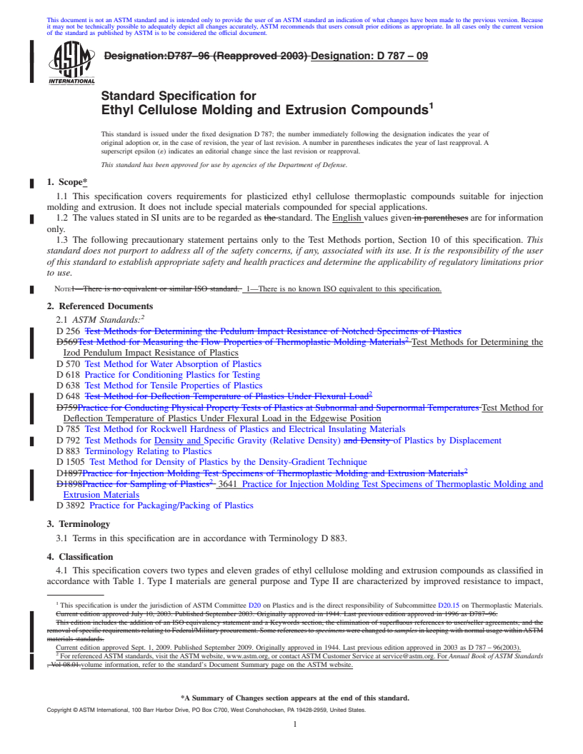 REDLINE ASTM D787-09 - Standard Specification for Ethyl Cellulose Molding and Extrusion Compounds