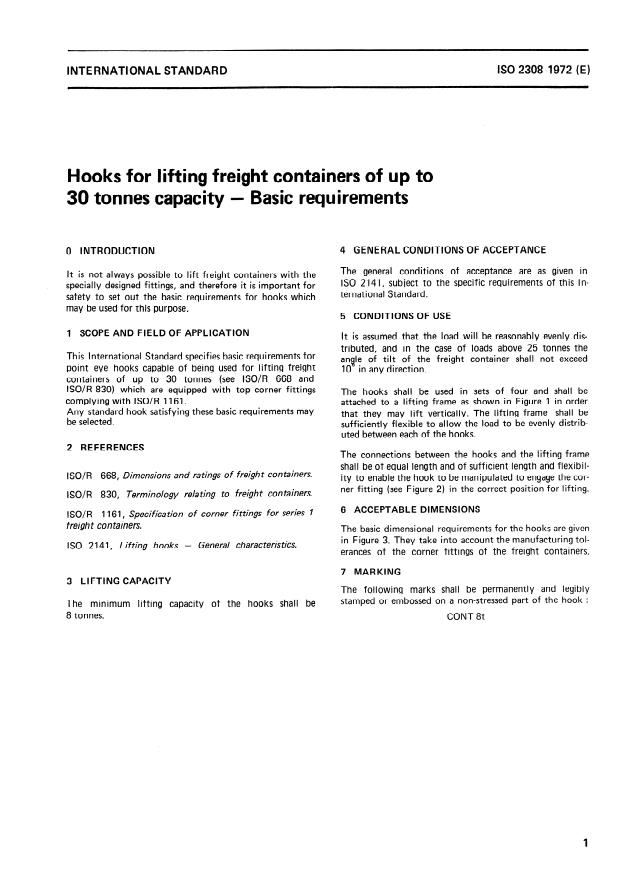 ISO 2308:1972 - Hooks for lifting freight containers of up to 30 tonnes capacity -- Basic requirements