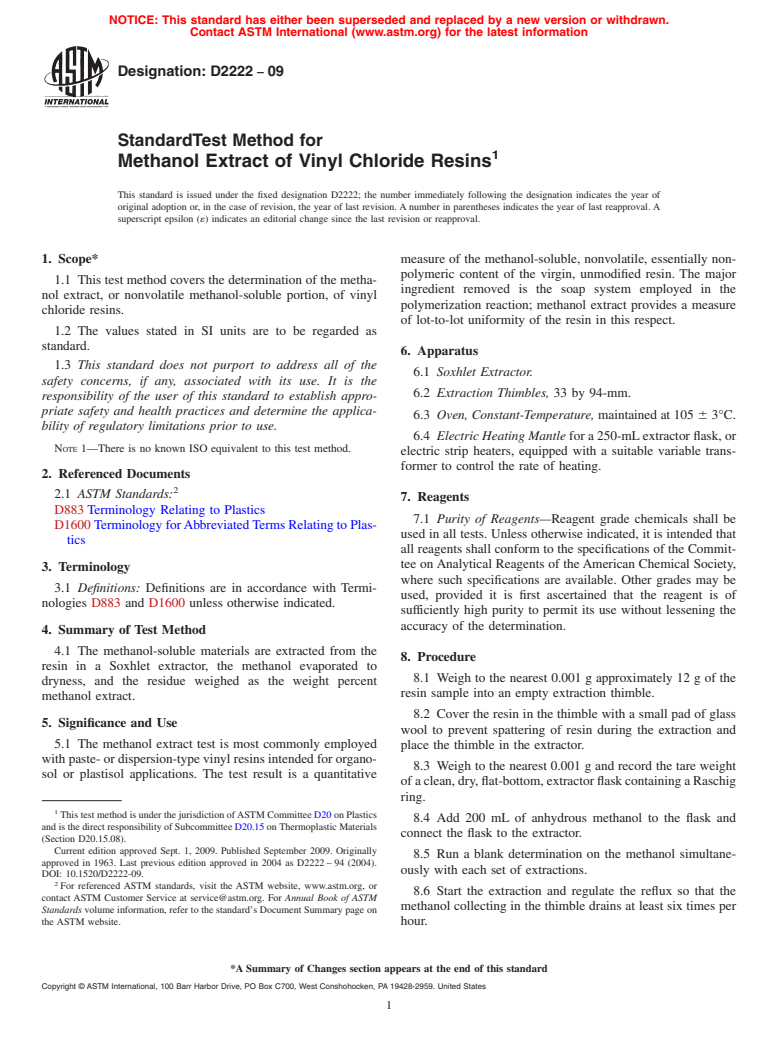 ASTM D2222-09 - Standard Test Method for Methanol Extract of Vinyl Chloride Resins