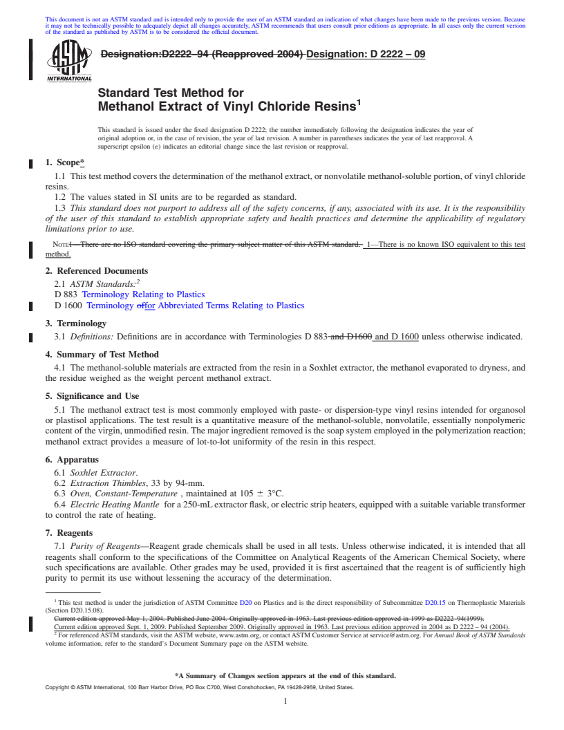 REDLINE ASTM D2222-09 - Standard Test Method for Methanol Extract of Vinyl Chloride Resins