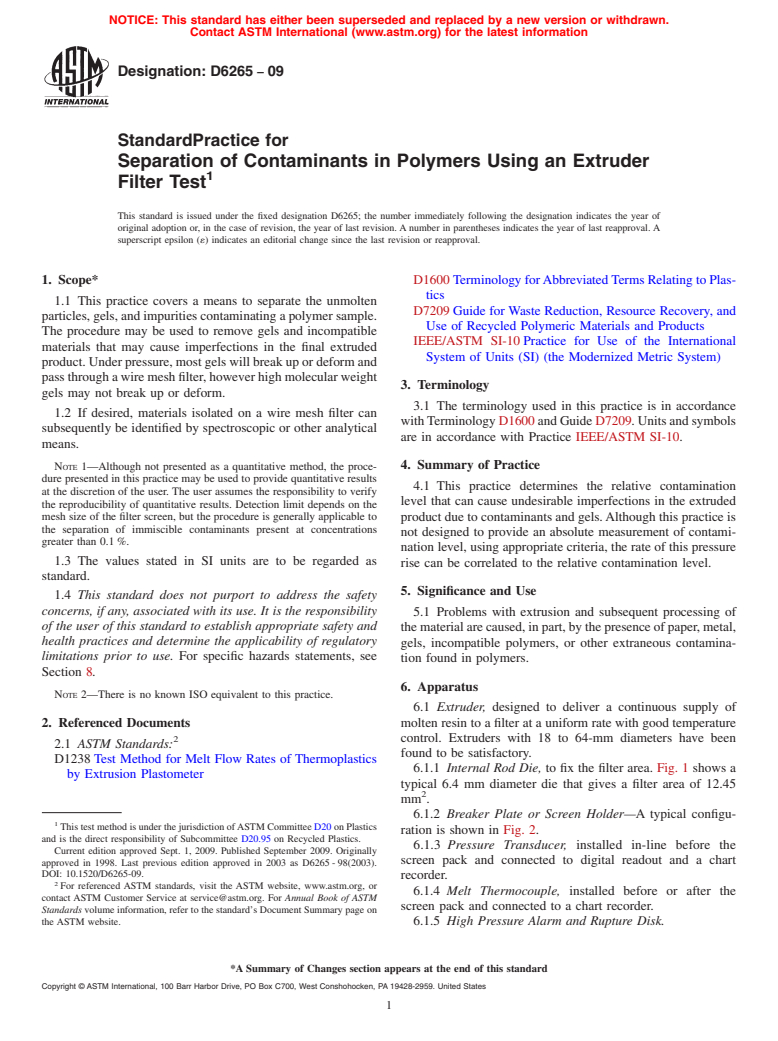 ASTM D6265-09 - Standard Practice for Separation of Contaminants in Polymers Using an Extruder Filter Test