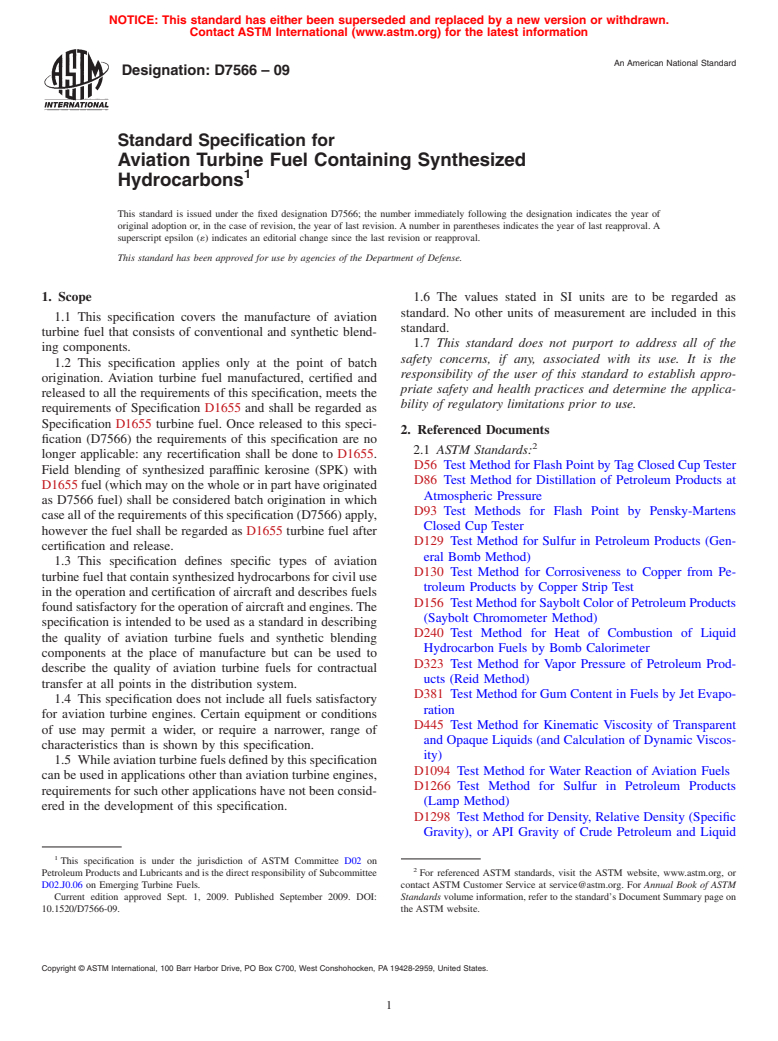 ASTM D7566-09 - Standard Specification for Aviation Turbine Fuel Containing Synthesized Hydrocarbons