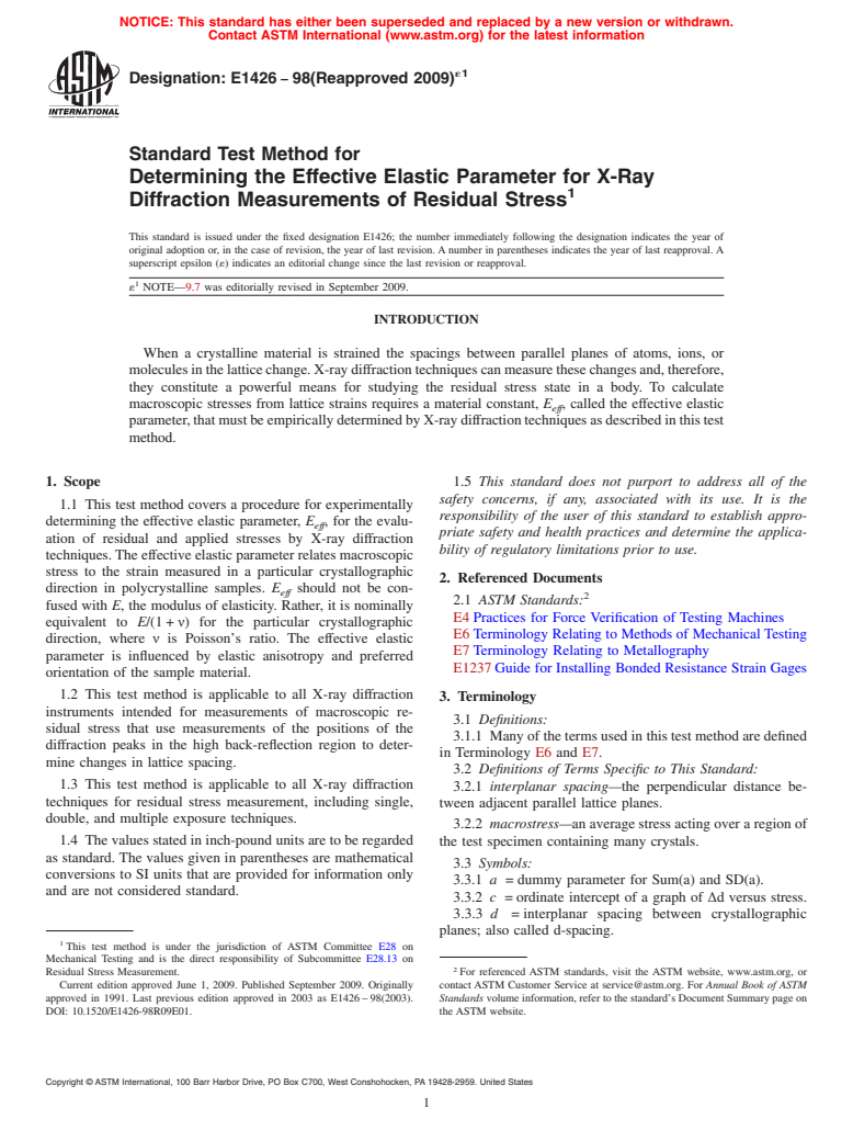 ASTM E1426-98(2009)e1 - Standard Test Method for Determining the Effective Elastic Parameter for X-Ray Diffraction Measurements of Residual Stress