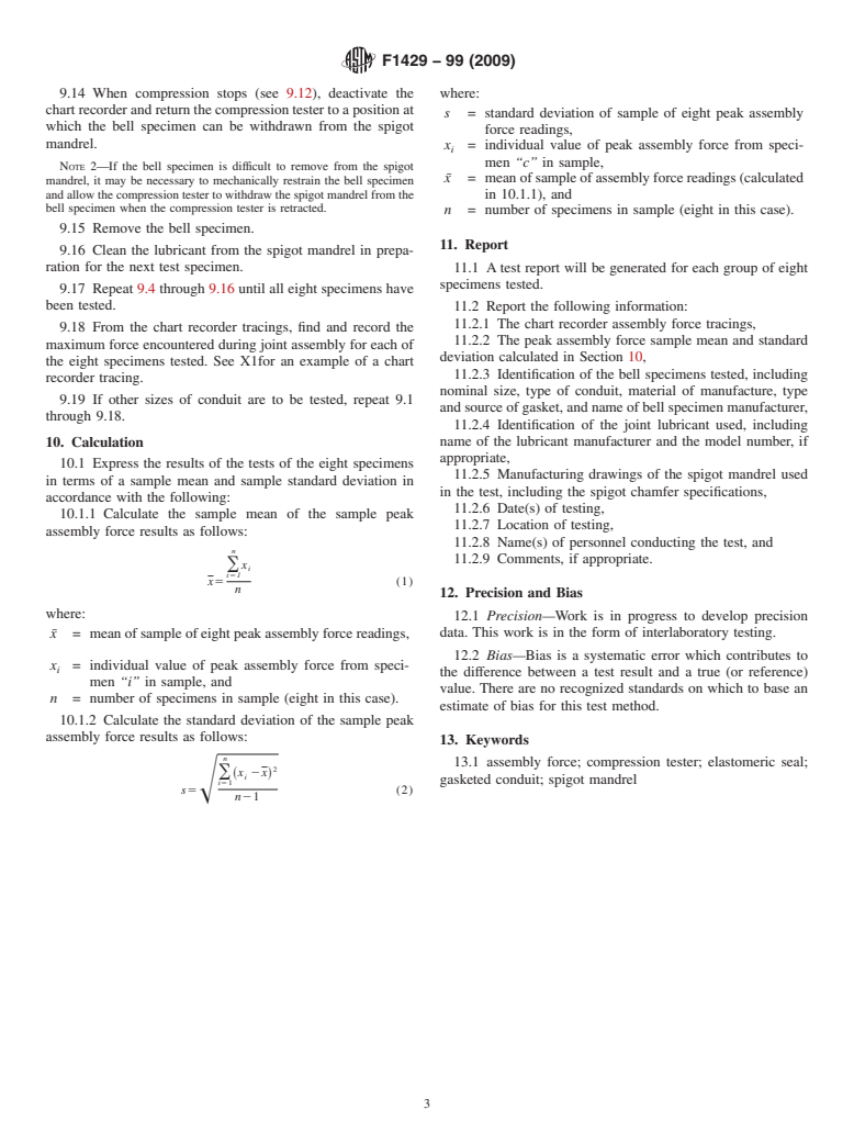 ASTM F1429-99(2009) - Standard Test Method for Assembly Force of Plastic Underground Conduit Joints That Use Flexible Elastomeric Seals Located in the Bell