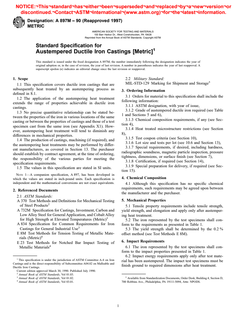 ASTM A897M-90(1997) - Standard Specification for Austempered Ductile Iron Castings [Metric] (Withdrawn 2001)