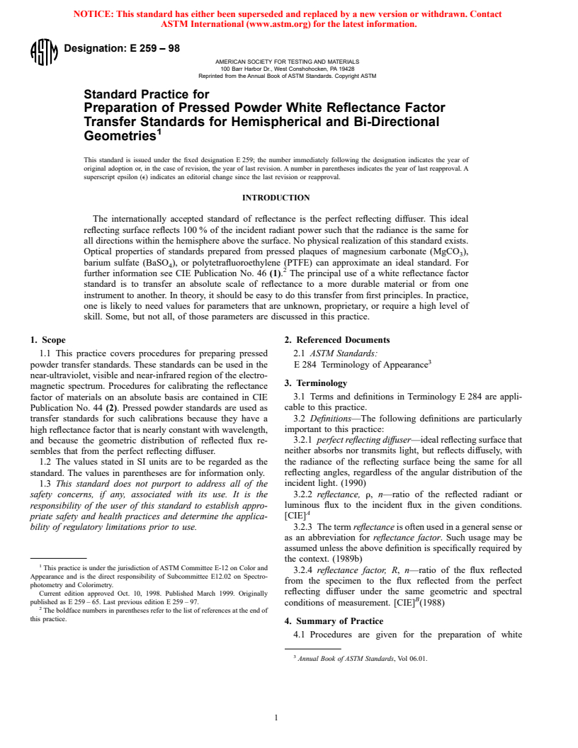 ASTM E259-98 - Standard Practice for Preparation of Pressed Powder White Reflectance Factor Transfer Standards for Hemispherical Geometry and Bi-Directional Geometries