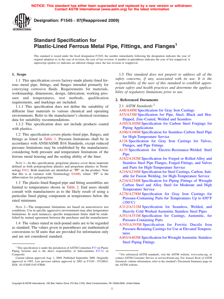 ASTM F1545-97(2009) - Standard Specification for Plastic-Lined Ferrous Metal Pipe, Fittings, and Flanges