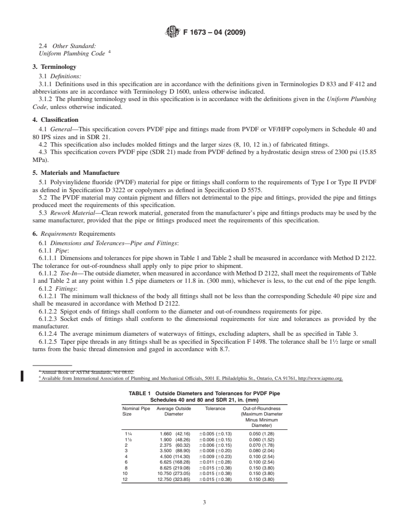 REDLINE ASTM F1673-04(2009) - Standard Specification for Polyvinylidene Fluoride (PVDF) Corrosive Waste Drainage Systems