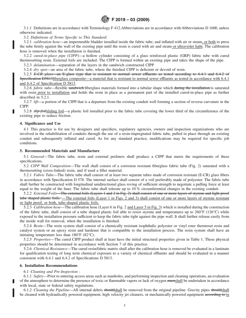 REDLINE ASTM F2019-03(2009) - Standard Practice for Rehabilitation of Existing Pipelines and Conduits by the Pulled in Place Installation of Glass Reinforced Plastic (GRP) Cured-in-Place Thermosetting Resin Pipe (CIPP)