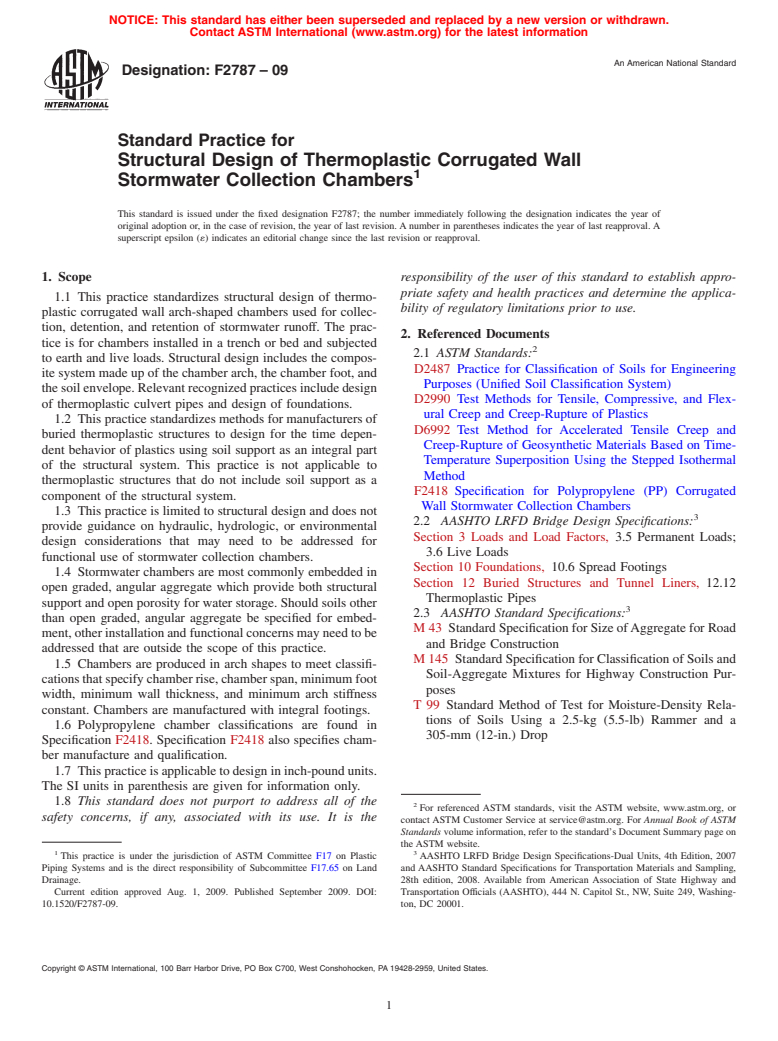 ASTM F2787-09 - Standard Practice for Structural Design of Thermoplastic Corrugated Wall Stormwater Collection Chambers