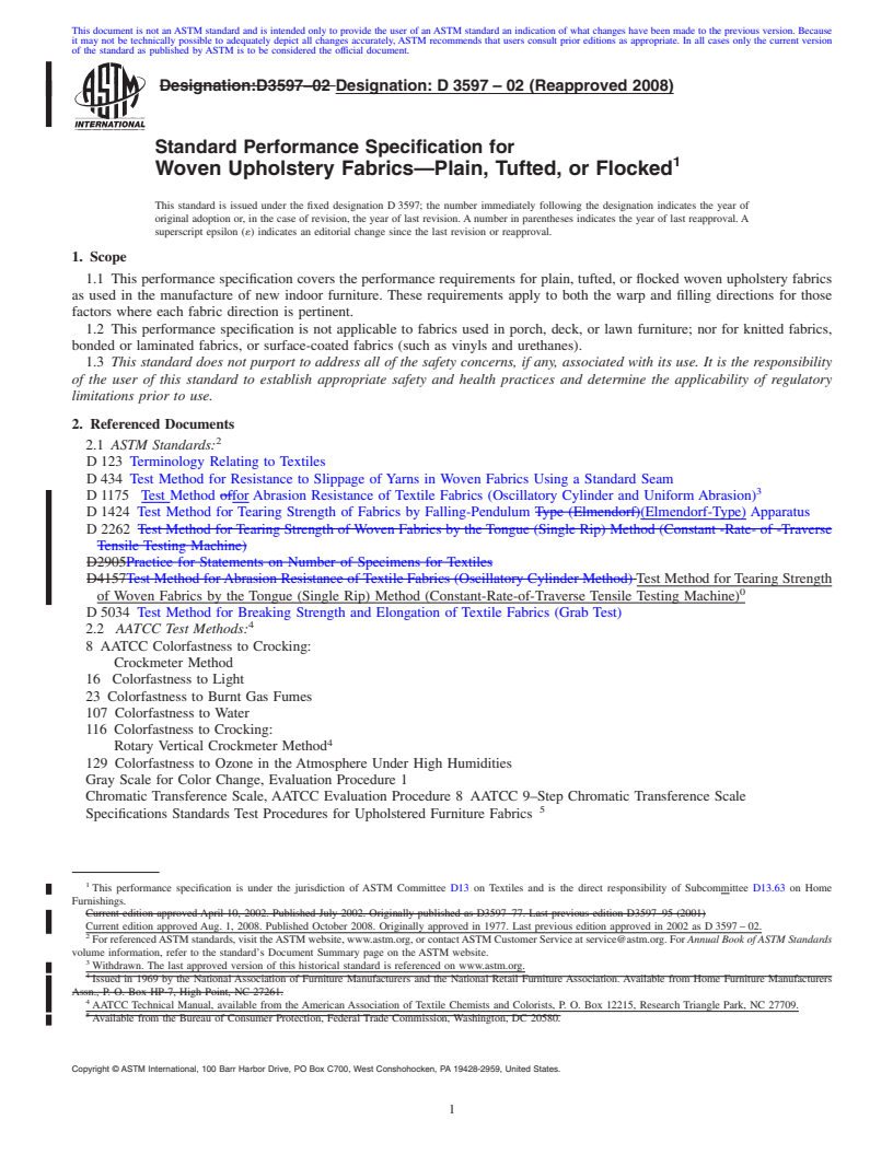 REDLINE ASTM D3597-02(2008) - Standard Specification for Woven Upholstery Fabrics-Plain, Tufted, or Flocked