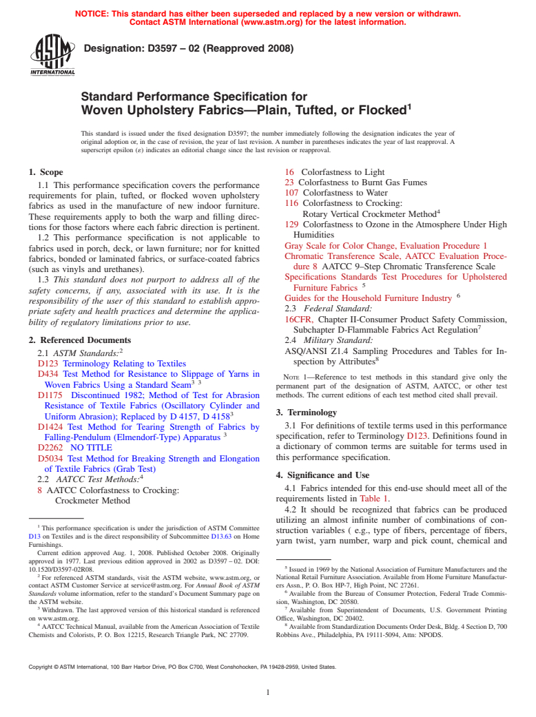 ASTM D3597-02(2008) - Standard Specification for Woven Upholstery Fabrics-Plain, Tufted, or Flocked