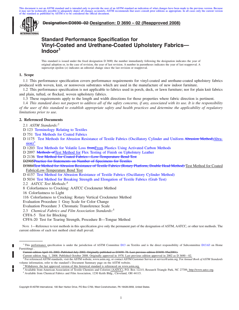 REDLINE ASTM D3690-02(2008) - Standard Performance Specification for Vinyl-Coated and Urethane-Coated Upholstery Fabrics-Indoor