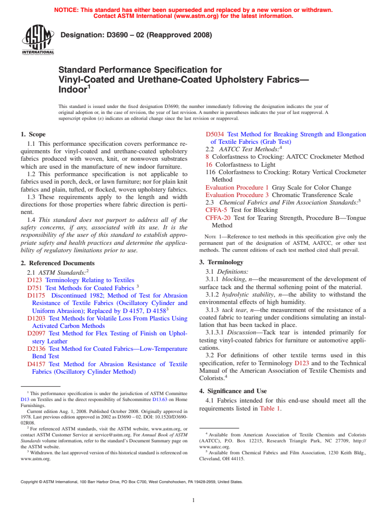 ASTM D3690-02(2008) - Standard Performance Specification for Vinyl-Coated and Urethane-Coated Upholstery Fabrics-Indoor