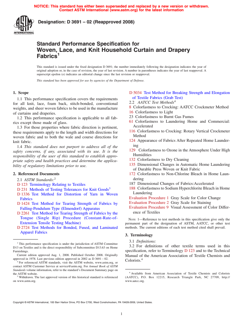 ASTM D3691-02(2008) - Standard Performance Specification for Woven, Lace, and Knit Household Curtain and Drapery Fabrics