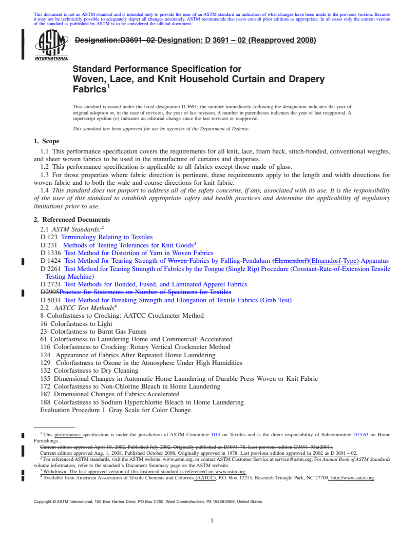 REDLINE ASTM D3691-02(2008) - Standard Performance Specification for Woven, Lace, and Knit Household Curtain and Drapery Fabrics