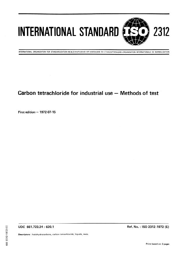 ISO 2312:1972 - Carbon tetrachloride for industrial use -- Methods of test