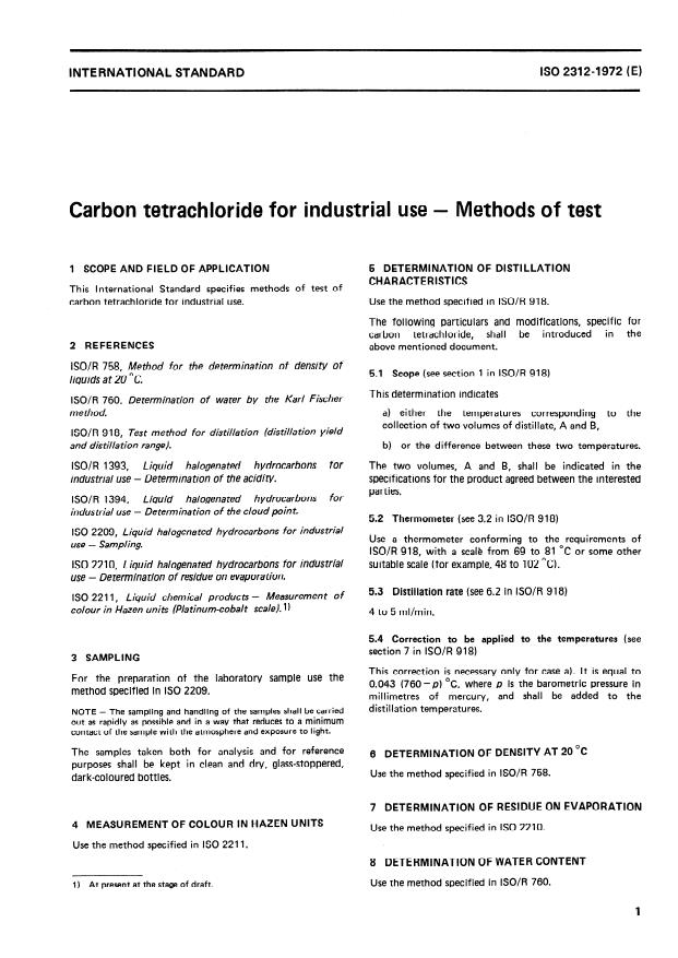ISO 2312:1972 - Carbon tetrachloride for industrial use -- Methods of test