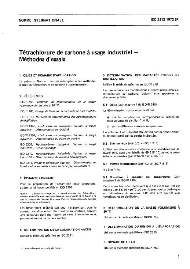 ISO 2312:1972 - Tétrachlorure de carbone a usage industriel -- Méthodes d'essais