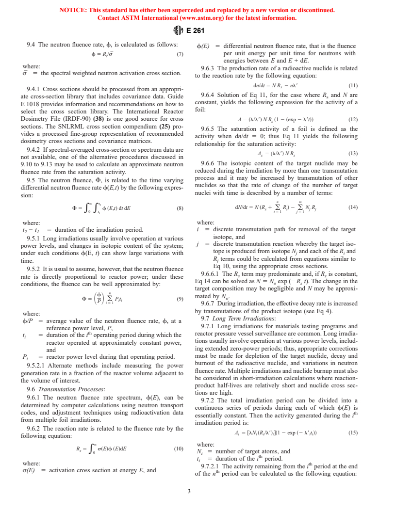ASTM E261-98 - Standard Practice for Determining Neutron Fluence, Fluence Rate, and Spectra by Radioactivation Techniques