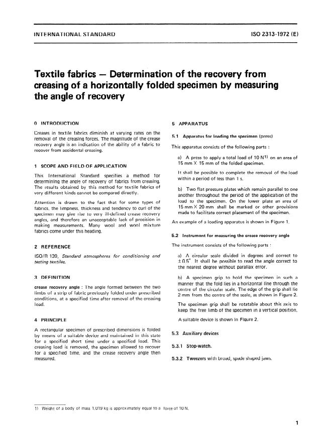 ISO 2313:1972 - Textiles -- Determination of the recovery from creasing of a horizontally folded specimen of fabric by measuring the angle of recovery