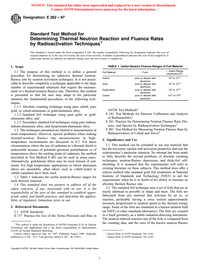 ASTM E262-97 - Standard Method for Determining Thermal Neutron Reaction and Fluence Rates by Radioactivation Techniques