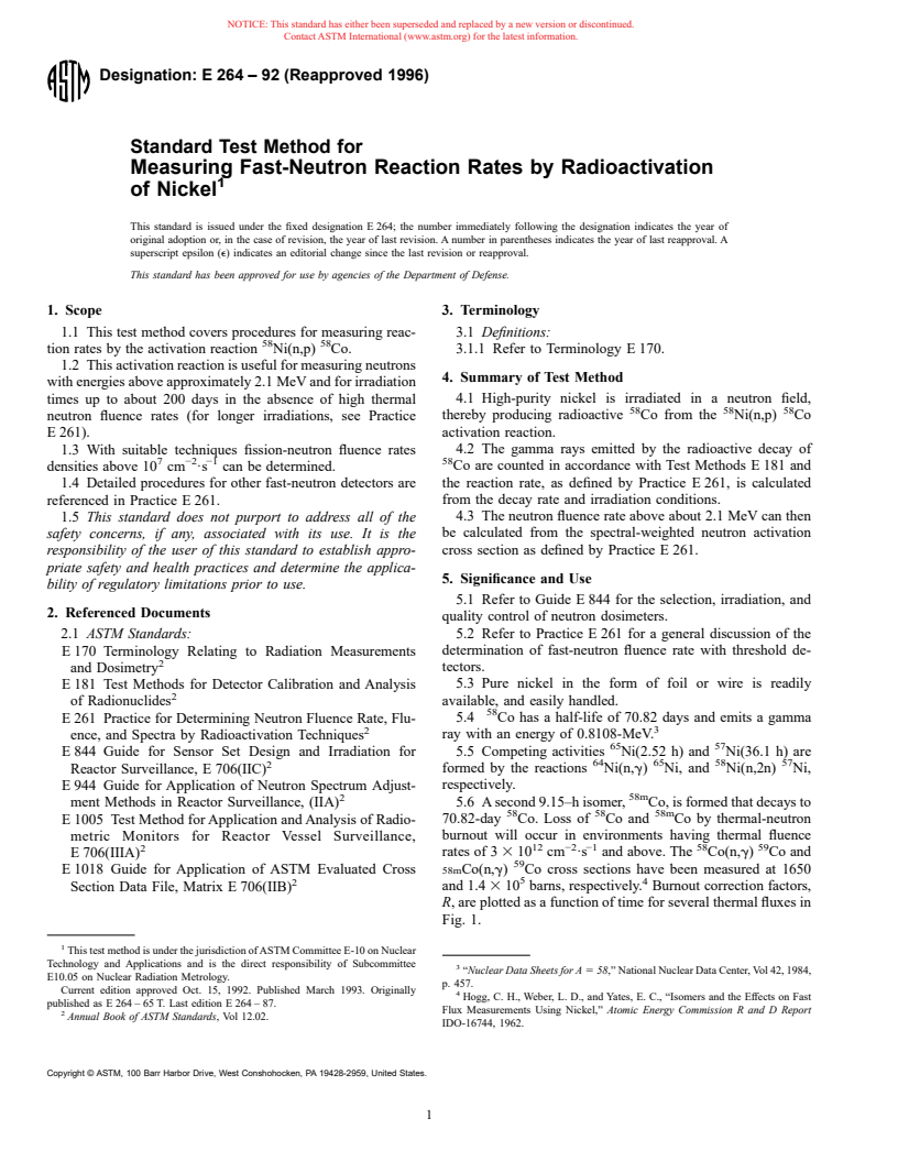 ASTM E264-92(1996) - Standard Test Method for Measuring Fast-Neutron Reaction Rates by Radioactivation of Nickel