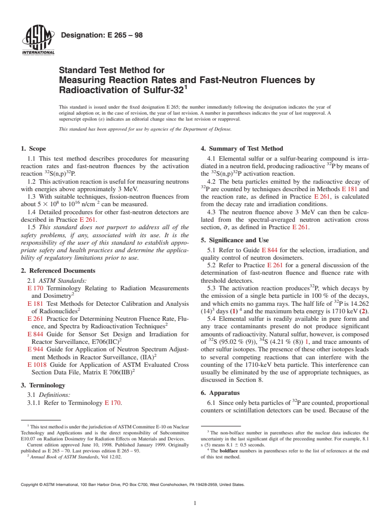 ASTM E265-98 - Standard Test Method for Measuring Reaction Rates and Fast-Neutron Fluences by Radioactivation of Sulfur-32