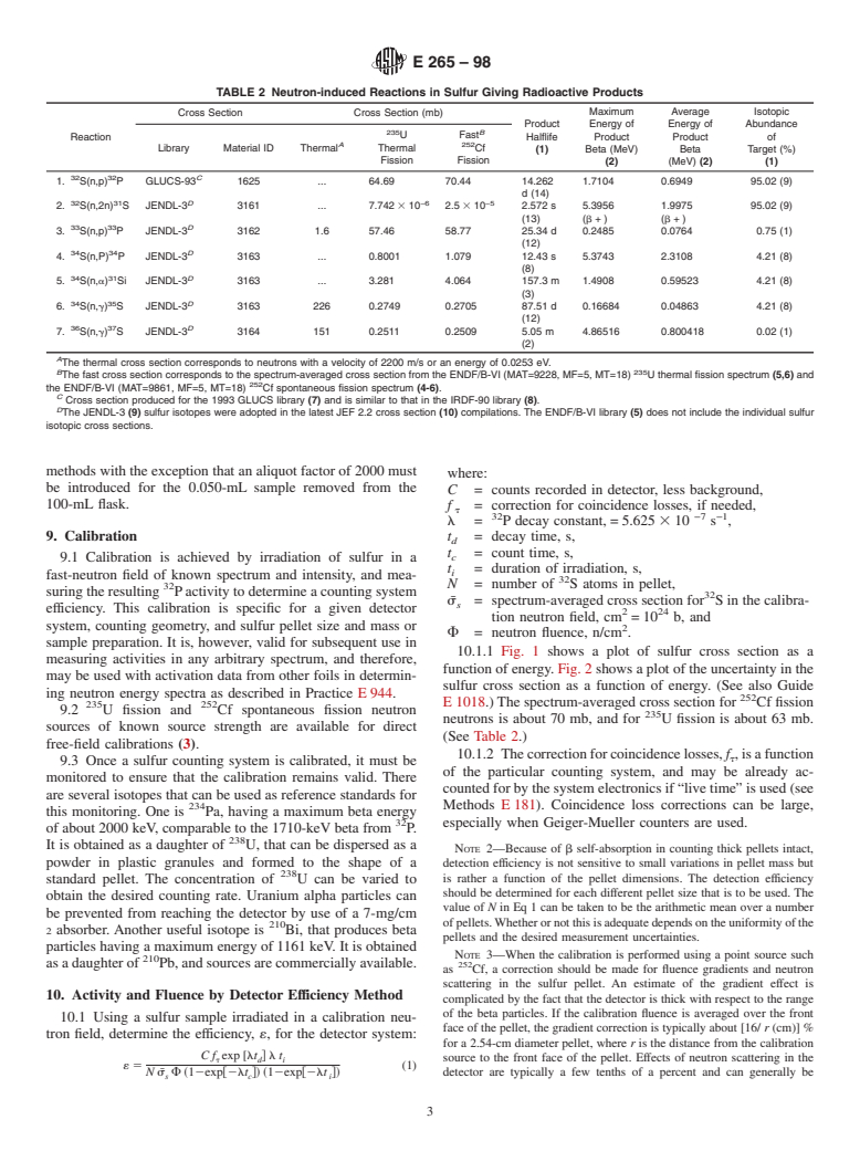 ASTM E265-98 - Standard Test Method for Measuring Reaction Rates and Fast-Neutron Fluences by Radioactivation of Sulfur-32