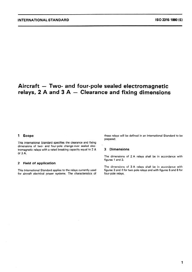ISO 2315:1980 - Aircraft -- Two- and four-pole sealed electromagnetic relays, 2 A and 3 A -- Clearance and fixing dimensions