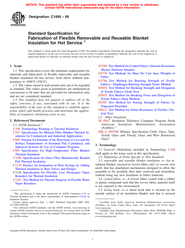 ASTM C1695-09 - Standard Specification for Fabrication of Flexible Removable and Reusable Blanket Insulation for Hot Service