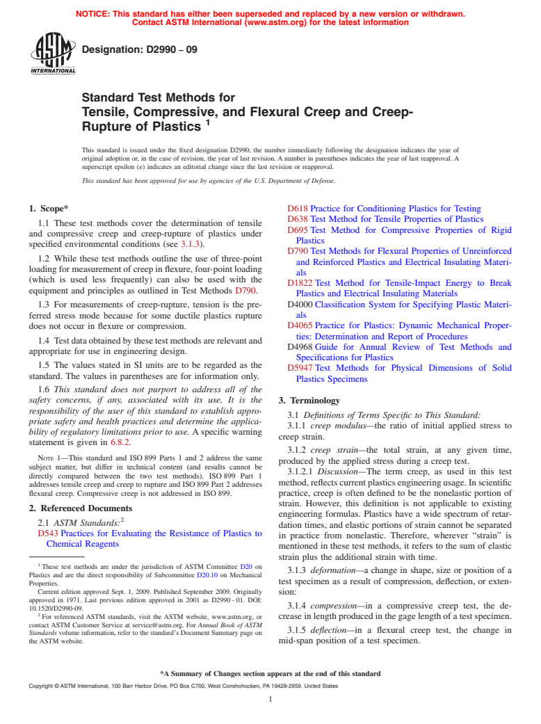 ASTM D2990-09 - Standard Test Methods for Tensile, Compressive, and Flexural Creep and Creep-Rupture of Plastics