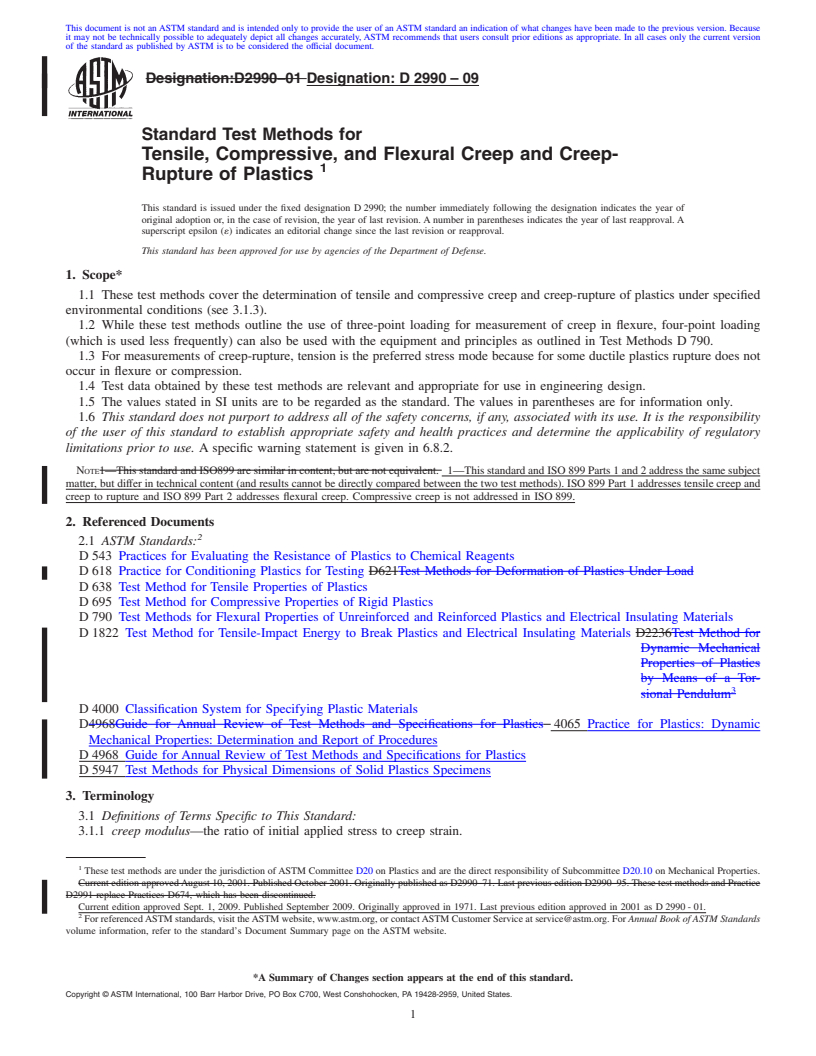 REDLINE ASTM D2990-09 - Standard Test Methods for Tensile, Compressive, and Flexural Creep and Creep-Rupture of Plastics